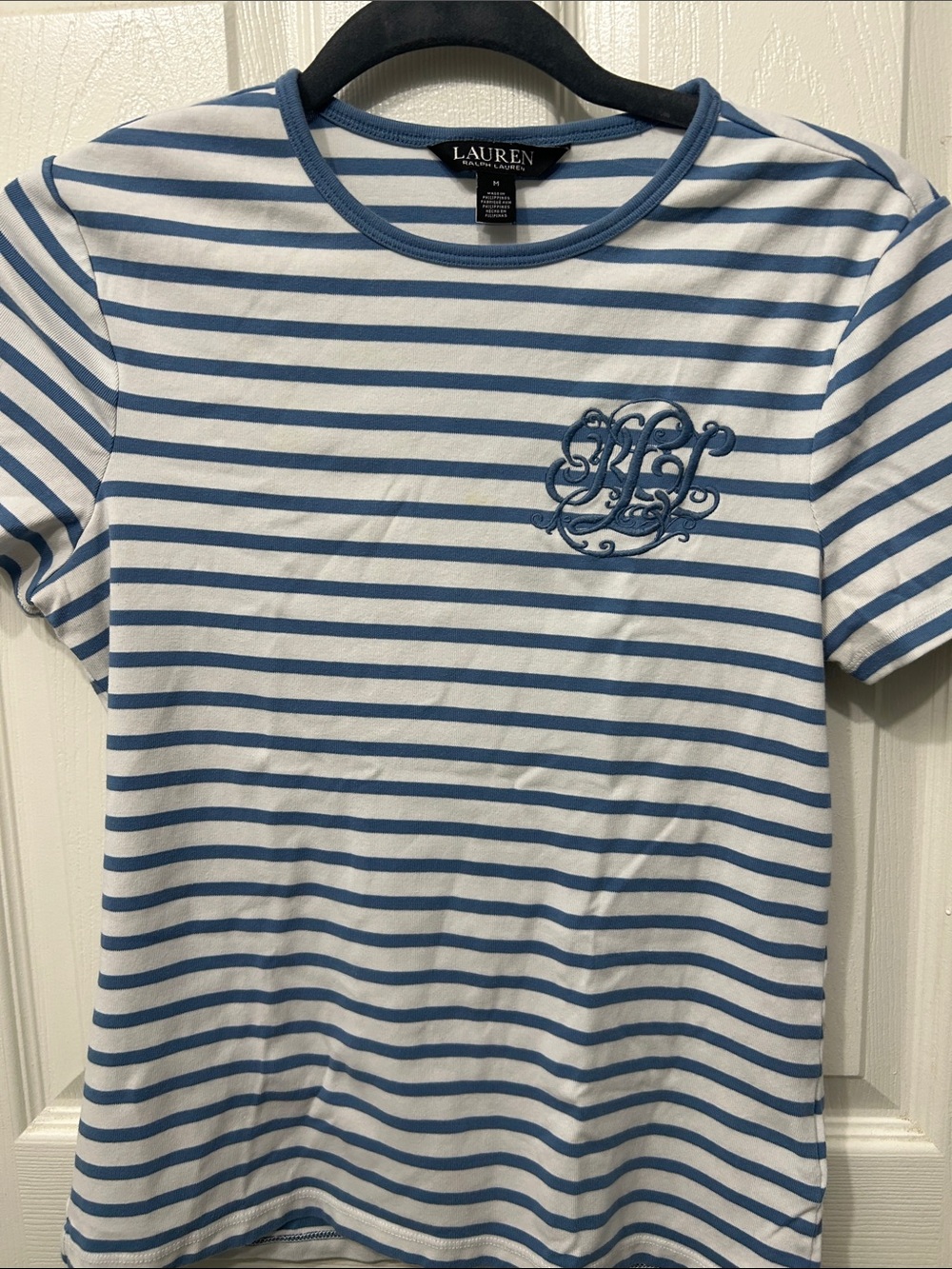 Lauren Ralph Lauren White Tee with Blue Stripes and Monogram